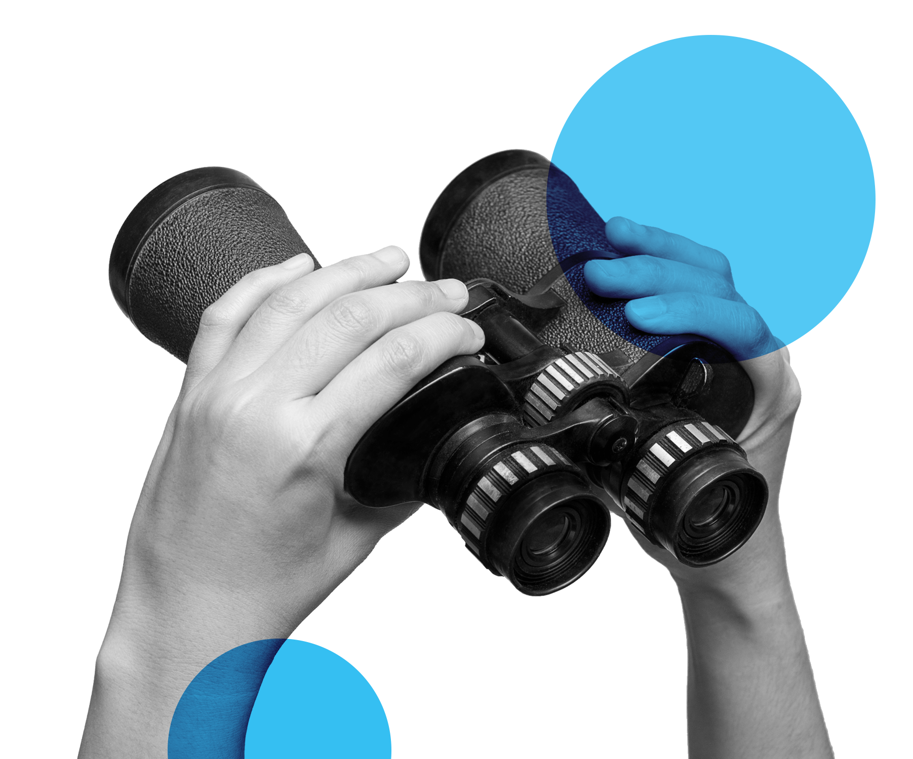 Cutout image of a black and white binoculars with blue circles layered over