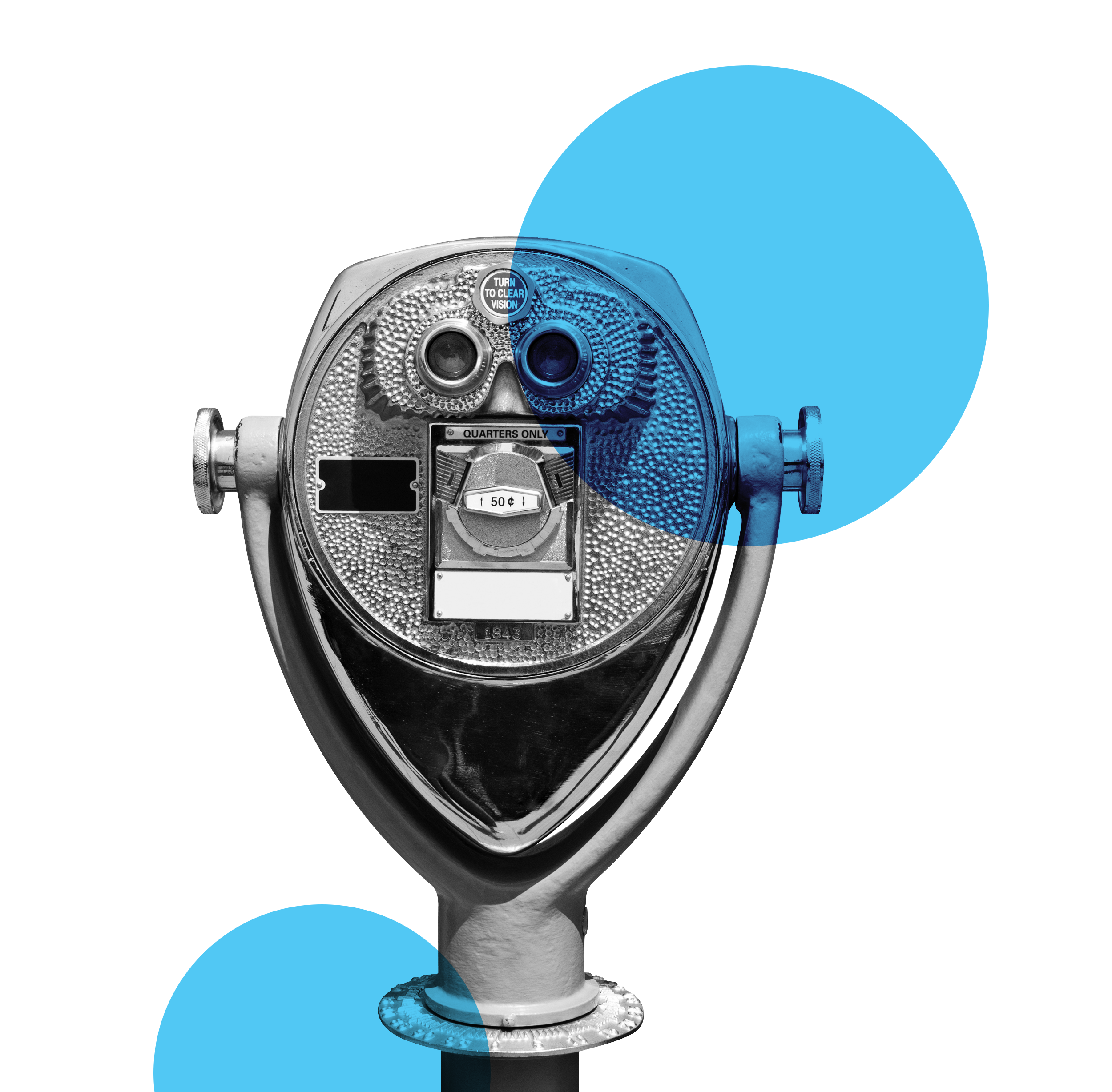 Cutout image of a black and tourist viewer with blue circles layered over