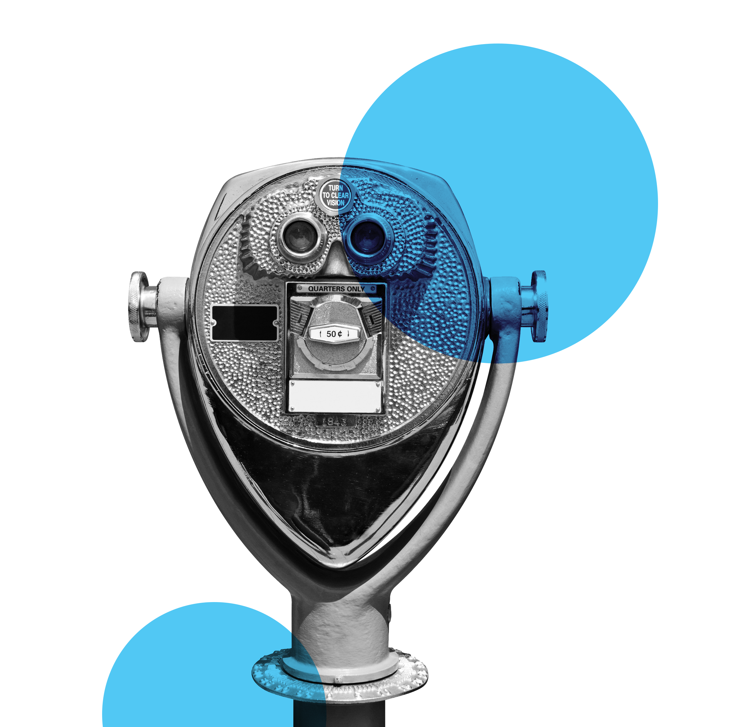 Cutout image of a black and tourist viewer with blue circles layered over